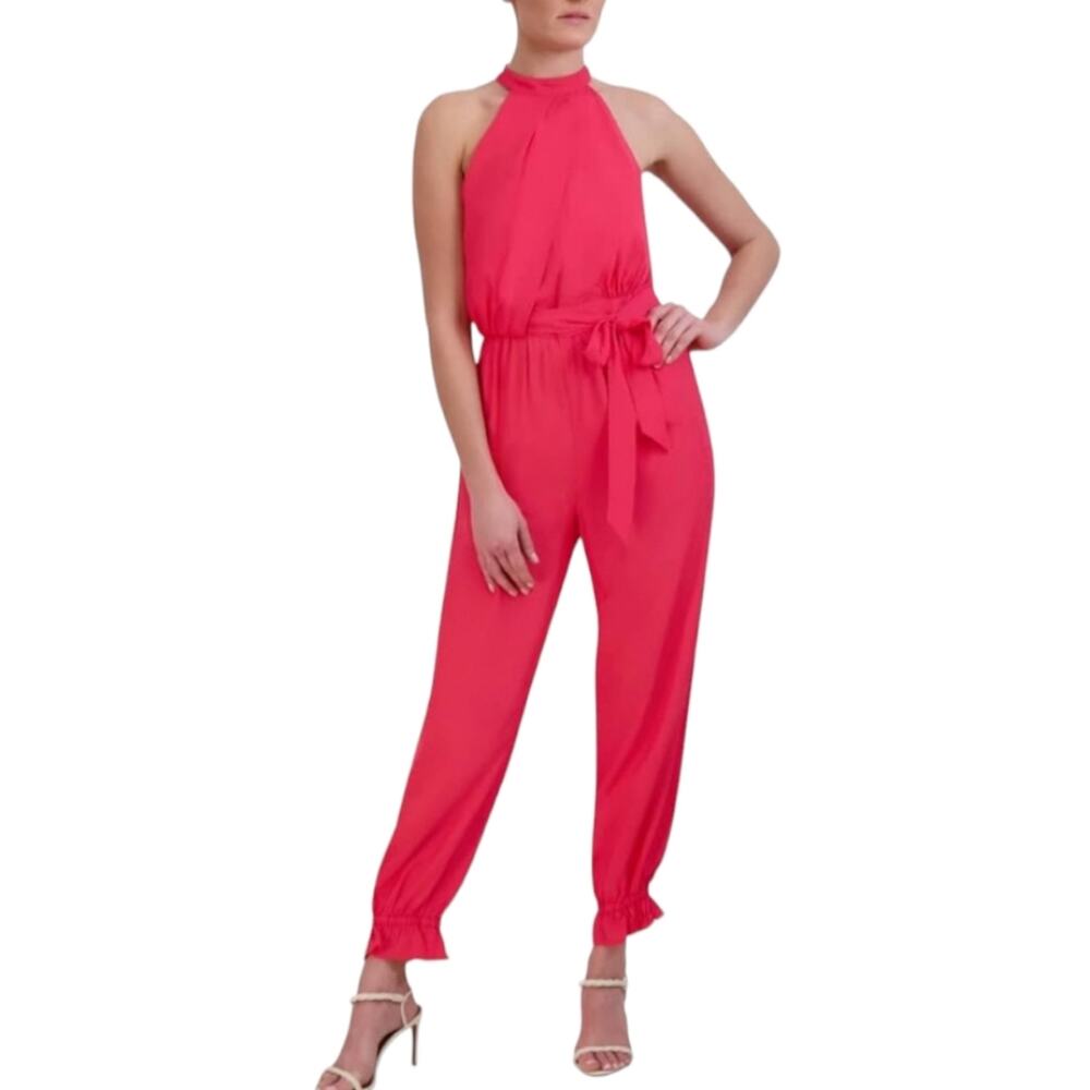 BCBGMAXAZRIA Women's Sleeveless Straight Leg‎ Jumpsuit Halter Neck Tie Waist 10